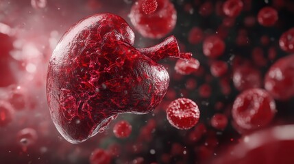 Human liver depicted as a laboratory, cells represented as scientists, symbolizing detoxification and metabolism, conceptual art, 3D illustration