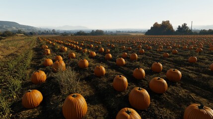 A field of ripe pumpkins ready for harvest.