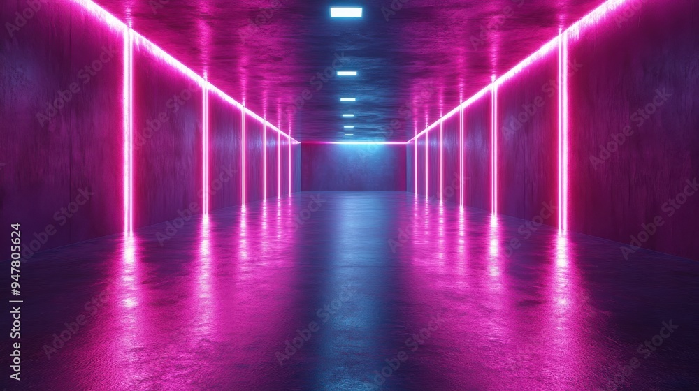 Aufkleber 3d render abstract blue pink neon backgroun3d with glowing lines empty virtual room box