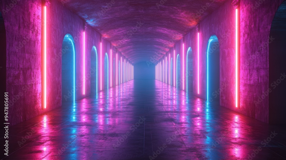 Poster 3d render abstract blue pink neon backgroun3d with glowing lines empty virtual room box