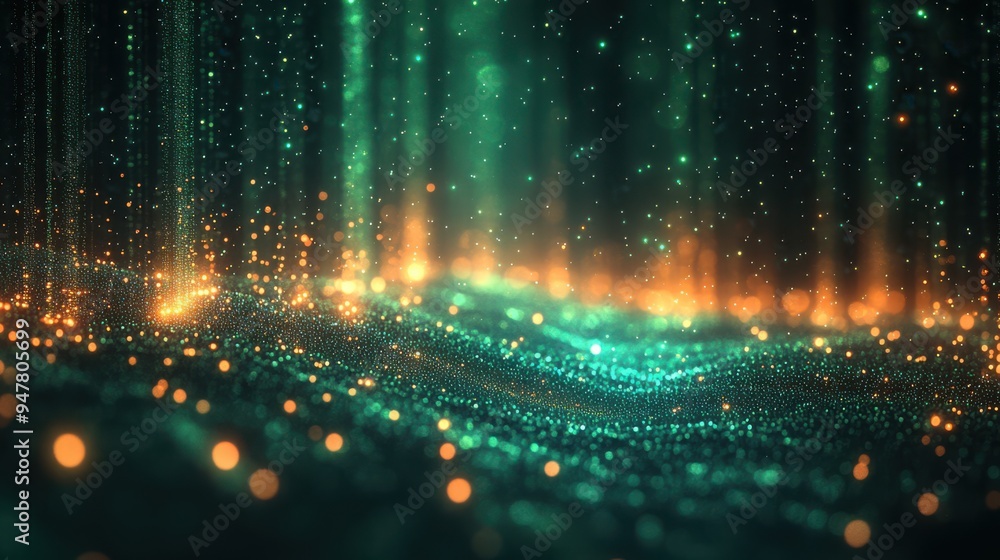 Poster 3d render abstract blue re3d green neon backgroun3d with unfocusse3d glowing lines an3d bokeh lights