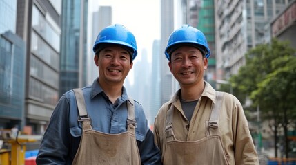 Two Construction Workers In Front Of Skyscrapers