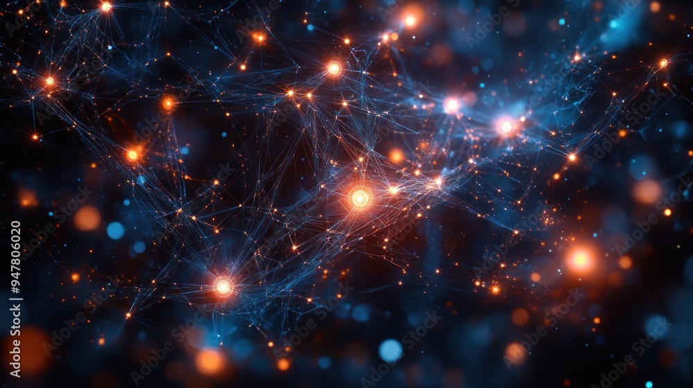 Poster intertwined network of glowing lines and points