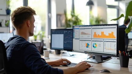 Professional working on data analysis and charts on computer screens in a modern office setting.