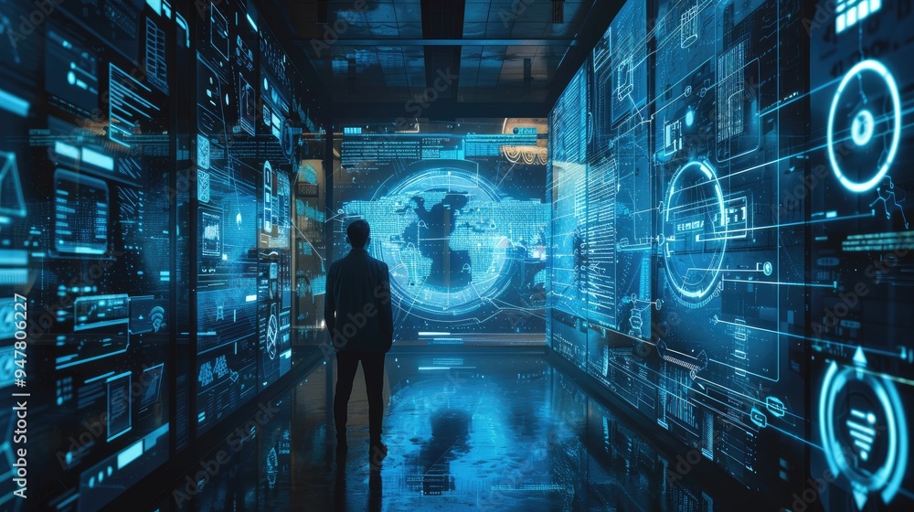 Poster silhouette of a man in a futuristic data center surrounded by digital screens, exploring advanced te