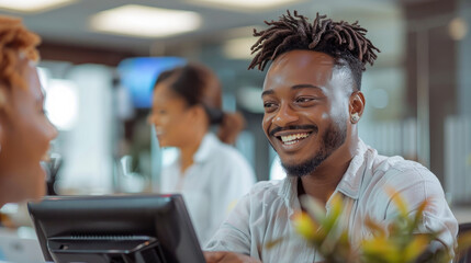 Smiling customer service representative assisting a client at the counter in a modern office reception area.