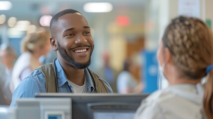 Smiling man conversing with a receptionist at a service desk in a bright, bustling environment.