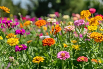 Obraz premium Blooming Zinnas with generative ai