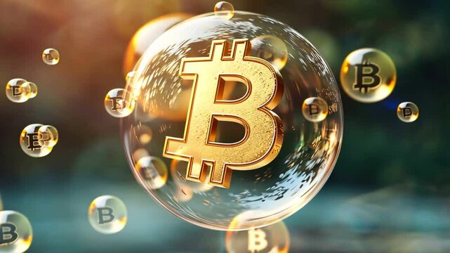 bitcoin floating in the air in a big bubble for risky investments or danger of crypto currencies trading 