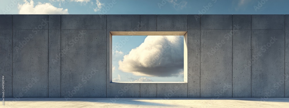 Poster 3d rendering of a concrete wall featuring a cloud shaped window