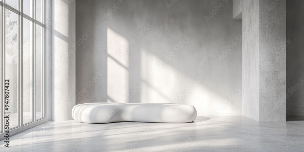 Poster abstract interior design featuring white and concrete elements with a window showcasing 3d rendering
