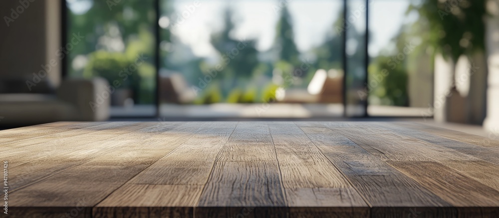 Poster 3d rendering of a tabletop with blurred interior background