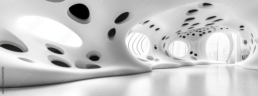 Poster abstract parametric interior in white and black with window 3d rendering and illustration