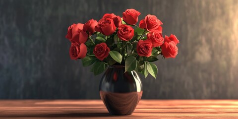 3D rendering of a vase filled with a bouquet of roses placed on a wooden table
