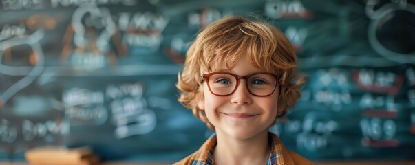 Smiling young schoolboy with curly hair in a classroom, standing in front of a chalkboard. Free copy space for text.
