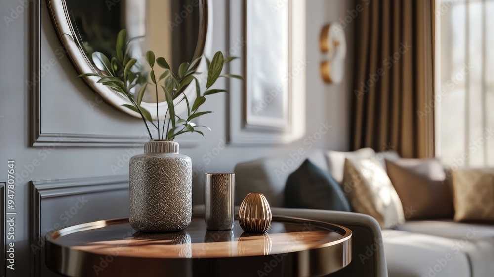 Poster 3D rendering of decorative elements on a table in a retro style living room setting with a mirror