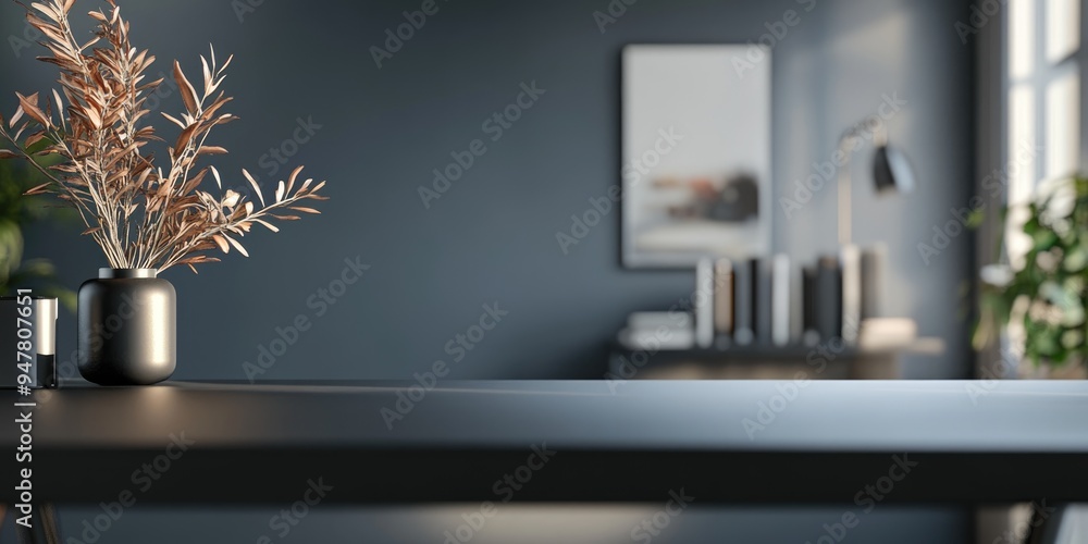 Poster 3d rendering of a blurred gray background with a black desk space