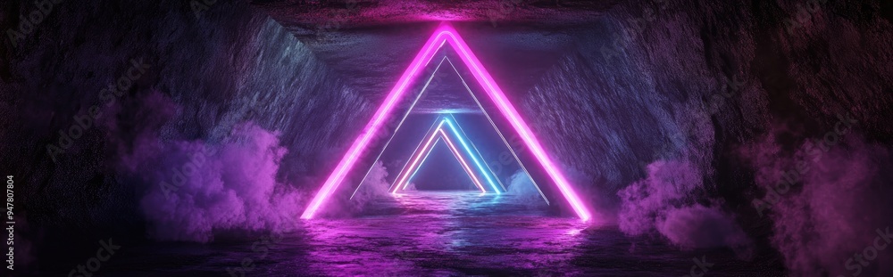 Poster 3d rendering of a vibrant neon glowing triangular structure with smoke fog and fluorescent purple bl
