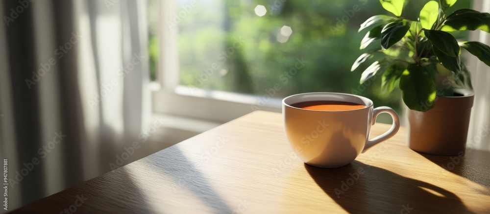 Poster 3d rendering of a cup of coffee on a table by a window portraying the concept of breakfast and relax