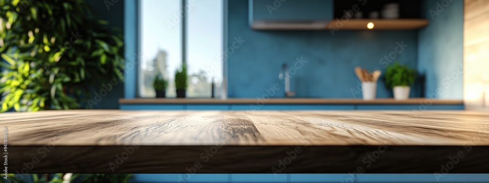 Poster 3D rendering of a modern kitchen featuring a blurred background and an empty wooden tabletop