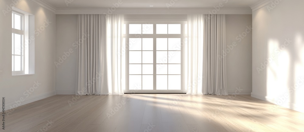 Aufkleber 3d rendering of an empty living room featuring a large bright window with curtains and a closed door