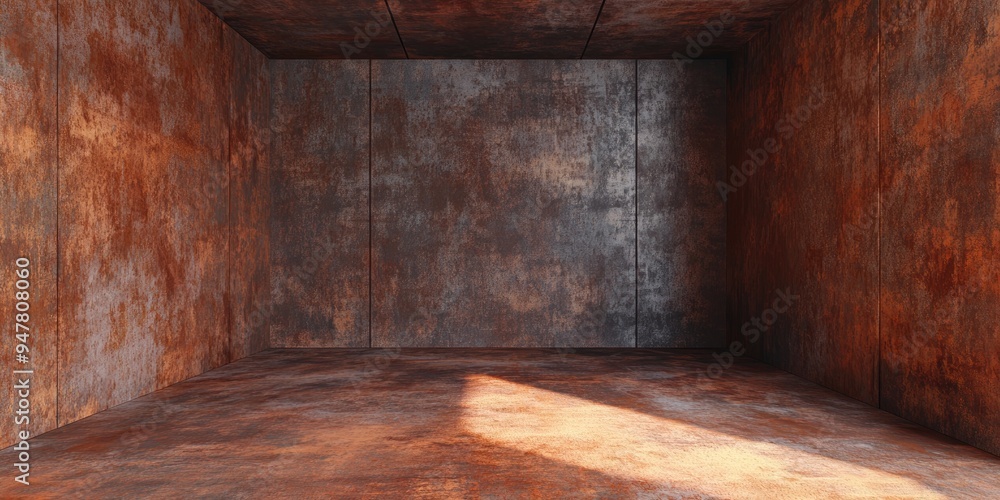 Poster abstract interior of an empty room featuring rusted metal sheets and brown concrete enhanced with 3d
