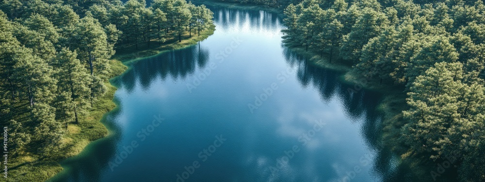 Aufkleber Aerial view of a serene lake with 3D rendering elements