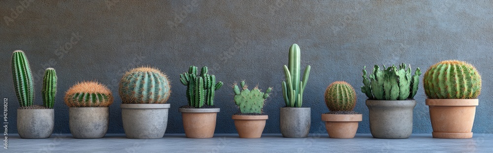 Poster 3d rendering of a panorama featuring a variety of cactus plants arranged in a row against a metallic