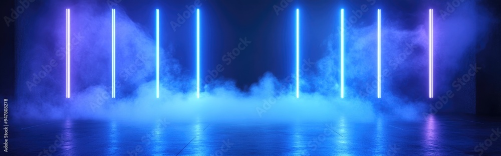Poster 3d rendering of an empty stage and studio room featuring directional blue neon lights on a transpare