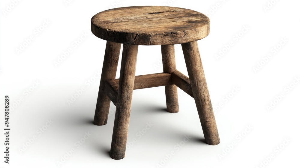 Poster 3d rendering of an old wooden three legged stool isolated on a white background with a clipping path