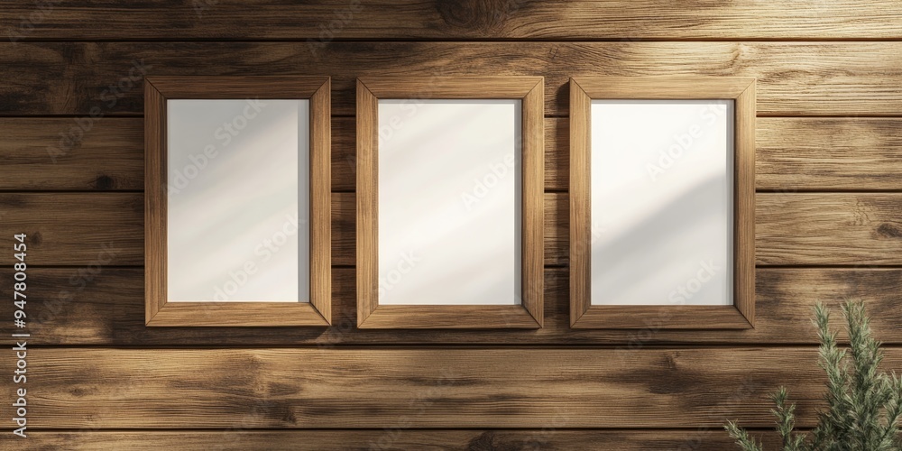 Poster 3d rendering of a photo frame set against a wooden background