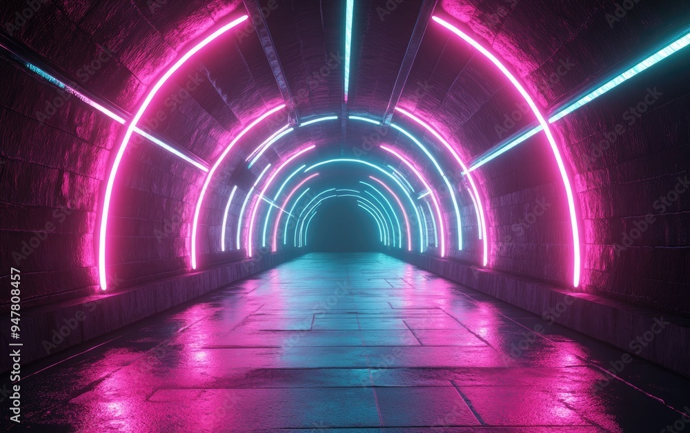 Aufkleber 3d rendering of an abstract tunnel featuring vibrant pink and blue neon lights resembling a virtual 
