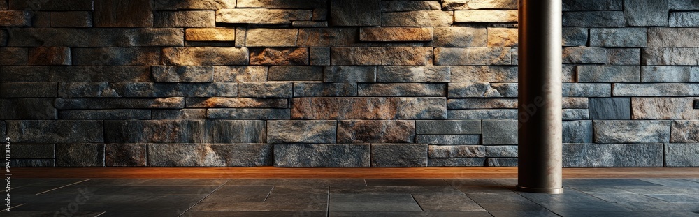 Poster 3d rendering of a decorative wall pole and floor featuring slate and cladding stone tiles