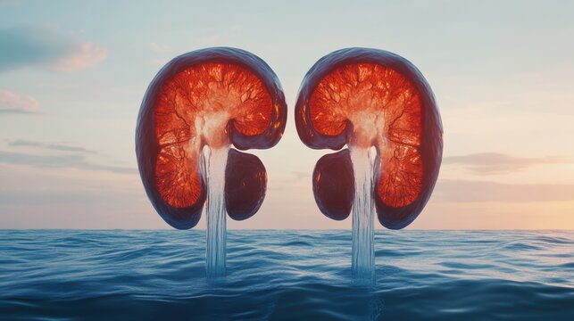Kidneys illustrated as dual waterfalls, symbolizing filtration and renewal, detailed conceptual medical art, 3D illustration