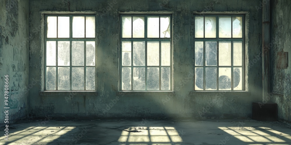 Poster 3d rendering of vintage windows and walls in a dilapidated structure