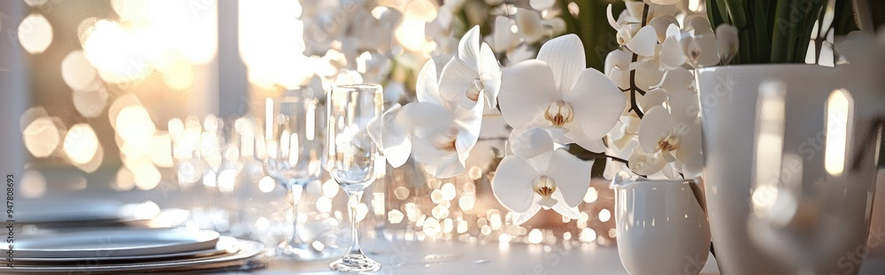 Aufkleber 3d rendering of a centerpiece floral arrangement featuring white orchids enhancing the table setting