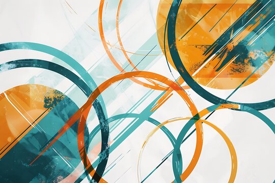 Minimalist abstract art with intersecting bold lines and circles, vibrant teal and orange colors, creating a sense of motion on a clean, white background.