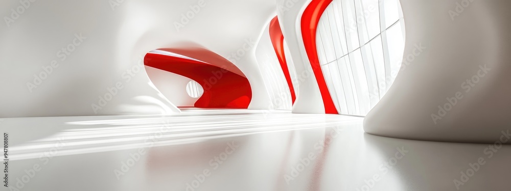 Poster abstract parametric interior design in white and red with window 3d rendering and illustration