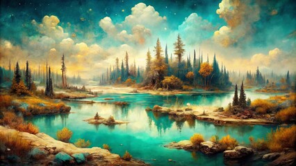 Fototapeta premium Dreamy Fragmented Landscapes Whimsical Fanciful Texture Rich Expressive Distressed Grungy Earthy BoHo Ethereal Moody Vibrant Turquoise Muted Gold Nuanced Layers Blended Reality Illusionary Depth