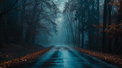Fototapeta premium A quiet road through a dense forest, illuminated by soft mist, with scattered autumn leaves alongside the wet pavement.