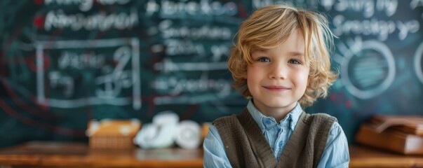 Smiling young schoolboy with curly hair in a classroom, standing in front of a chalkboard. Free copy space for text.