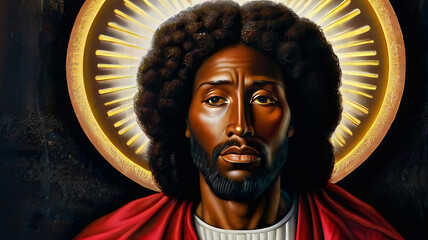 Portrait of Black Jesus Christ with a glowing halo and divine rays of God&rsquo;s light in a spiritual background new beautiful stock image illustration AI