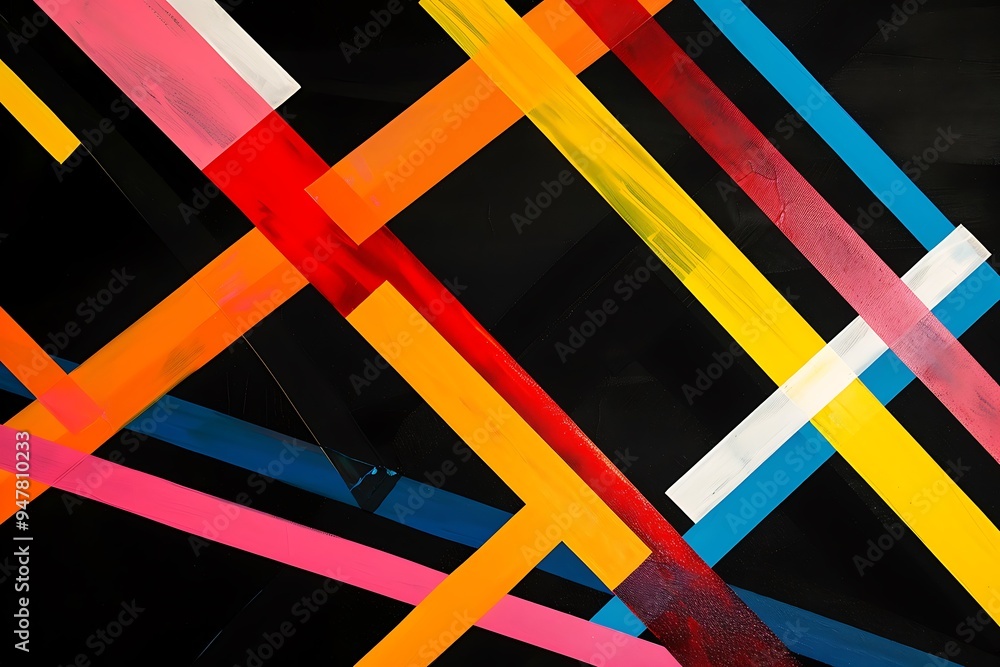 Wall mural minimalist abstract composition of intersecting lines and bold geometric shapes in primary colors, c