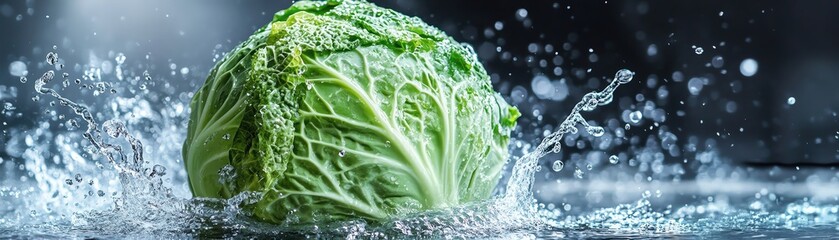 A fresh cabbage in midair, surrounded by splashing water, capturing its crispness