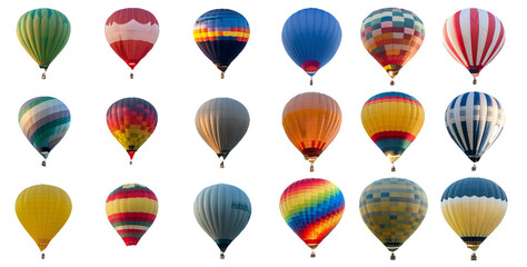 Obraz premium Assorted hot air balloons in different designs isolated on transparent background
