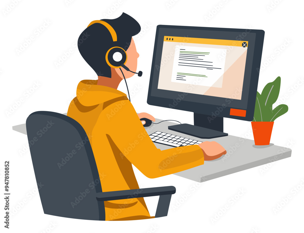 Wall mural boy working on computer coding. flat vector illustration