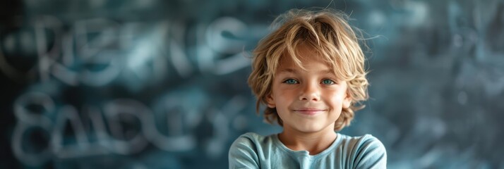 Smiling young schoolboy with curly hair in a classroom, standing in front of a chalkboard. Free copy space for text.