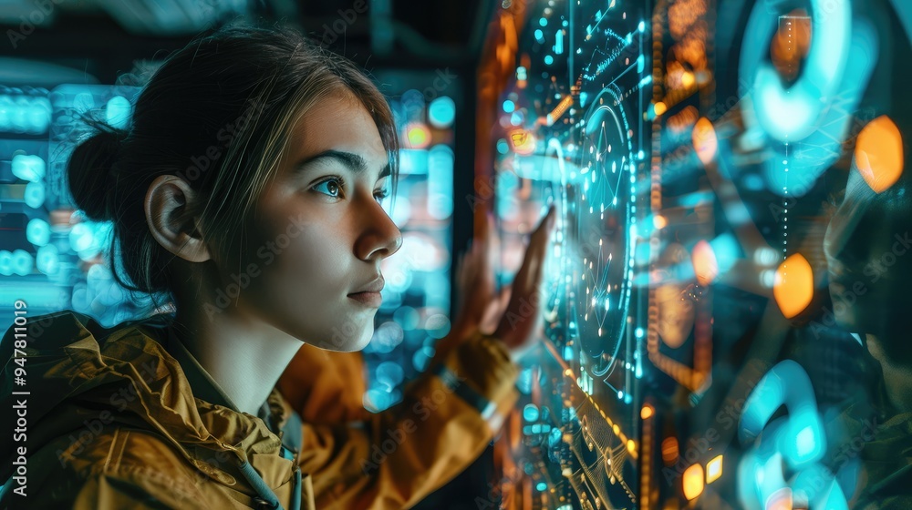 Aufkleber Young woman interacting with futuristic transparent touchscreen displaying digital interface with holographic data in a high-tech environment.