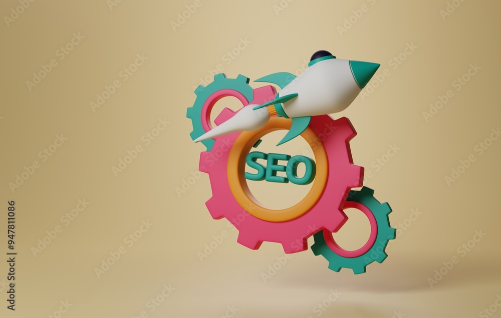 Poster seo optimization with rocket launch for digital marketing strategy. 3d render