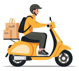 Delivery Boy with Scooter. Flat Vector Illustration